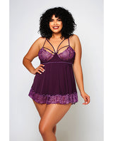 Cross Dye Lace & Microfiber Babydoll & G-String Purple 3X