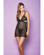 Strappy Soft Cup Stripe Mesh Caged Under Bust Chemise & G-String Black LG