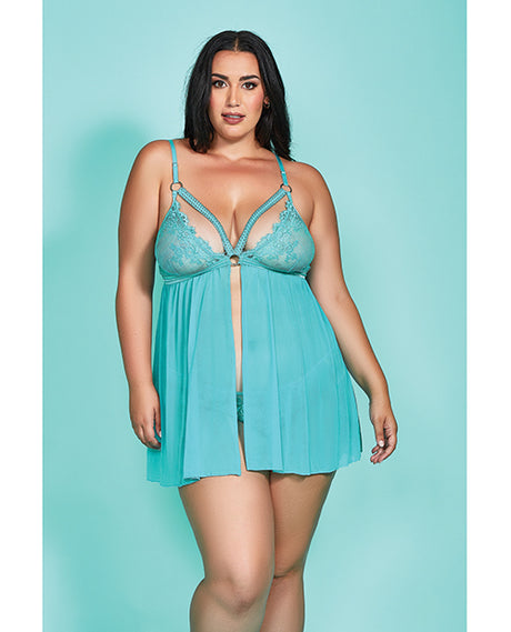 Riley Eyelash Lace Soft Cup Babydoll & Panty Teal 2X