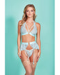 Mercedes Cross Dyed Galloon Lace Strappy Halter Bra, Garter Skirt & G-String Light Blue LG