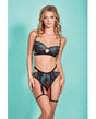 Emmalyn Mesh & Galloon Lace Underwire Bra & High Waist Garter Panty Black/Blue XL