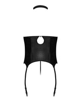 Lust Mistress Cupless Corset w/Velcro Choker Collar, Metal Garters & G-String Black S/M