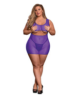 Sheer Mesh Underboob Dress & Crotchless G-String Purple QN