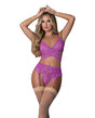 Butterfly Fantasies Cross Over Bralette w/Thong and Garter 3 pc Set - Neon Purple S/M
