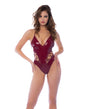 Wet Look Bodysuit with Lace-Up Detail & Hook and Eye Crotch Closure - Wine SM