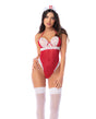 Sheer Halter Nurse Teddy w/Lace Trim & Headpiece - Red/White S/M