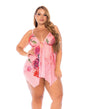Floral Printed Mesh Babydoll w/Convertible Straps & G-String 2 pc Set - Pink 1X/2X