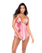 Floral Printed Mesh Babydoll w/Convertible Straps & G-String 2 pc Set - Pink L/XL