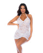 Sheer Lace Halter Top Babydoll w/G-String 2 pc Set - White L/XL