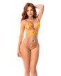 Floral Embroidered Longline Bralette w/Lace-up Back Details & Matching Thong - Yellow/Pink S/M