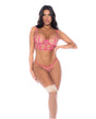Scallop Lace and Mesh Lace-Up Underwire Bralette w/Thong 2 pc Set - Pink SM