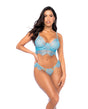 Scallop Lace and Mesh Underwire Bra w/Thong 2 pc Set - Light Blue S/M