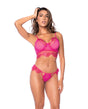 Scallop Lace and Mesh Underwire Bra w/Thong 2 pc Set - Pink S/M