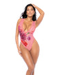 Lace Trimmed Floral Printed Mesh Teddy - Pink L/XL