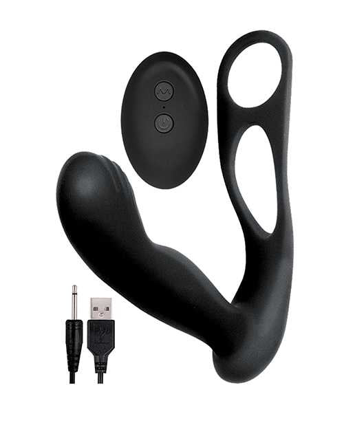 Butts Up Rechargeable Silicone Prostate Massager with Scrotum and Cock Ring - Black