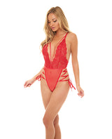 Sloane Soft Cup Deep Plunge Teddy w/Side Lace Up Ribbon Detail Red S/M