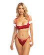 Holiday Mistletoe Kiss Underwire Open Shelf Bra & Panty w/Pom Pom Detail Red/White S/M