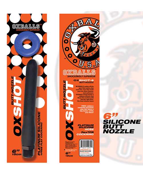 Oxballs Oxshot Silicone Butt Nozzle Shower Hose and Cock Ring 6in - Black/Blue