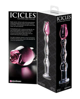 Icicles No. 12 Beaded Flower Glass Dildo 7.25in - Clear/Pink