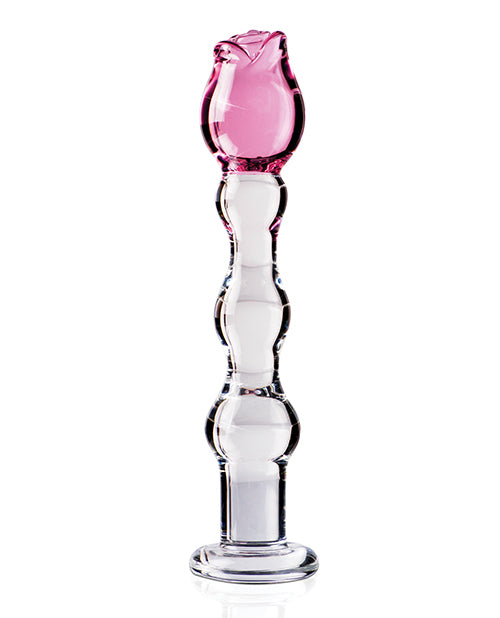 Icicles No. 12 Beaded Flower Glass Dildo 7.25in - Clear/Pink