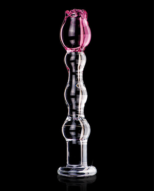 Icicles No. 12 Beaded Flower Glass Dildo 7.25in - Clear/Pink