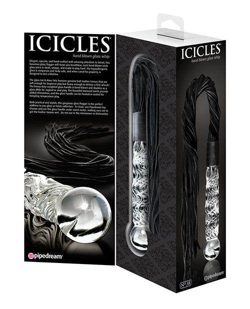 Icicles No. 38 Textured Glass Dildo with Flogger 26.5in - Clear/Black