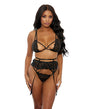 Eyelash Lace Bra, High Waist Garter Belt & G-String Black SM