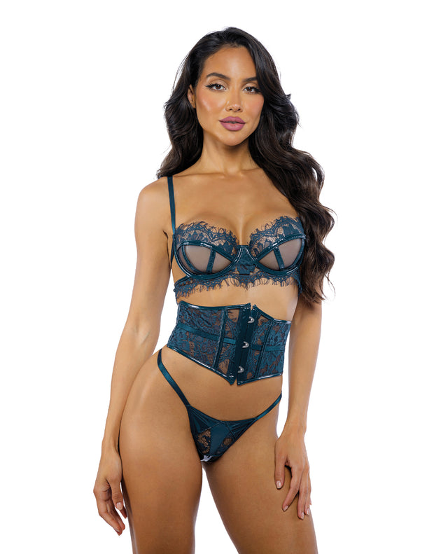 Eden Scalloped Eyelash Lace & Wet Look Waspie 3 pc Set - Teal XL