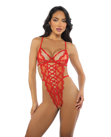 Baroque Heart Embroidered Lace Teddy - Red LG