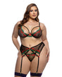 Cherry Delight Embroidered Lace and Mesh Underwire Bra w/Garter & G-String 3 pc Set - Black 1X
