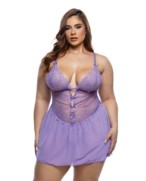 Paradise Dream Lace and Mesh Babydoll w/Thong - Lilac 1X/2X