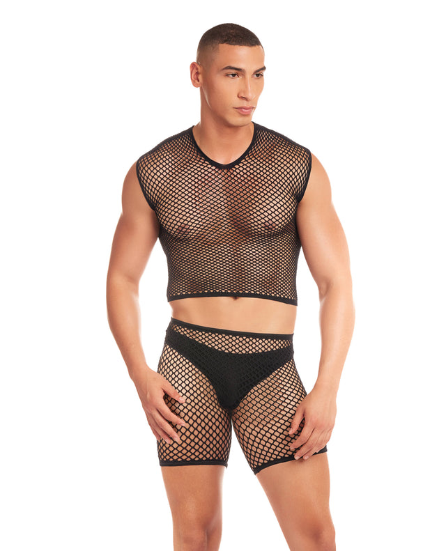 Rainbow Party Net-Bula Large Mesh Long Brief 3 pc Set w/Thong - Black L/XL