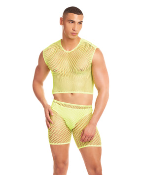 Rainbow Party Net-Bula Large Mesh Long Brief 3 pc Set w/Thong - Yellow L/XL