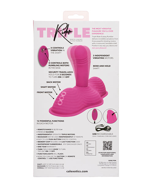 Triple Rider Remote Control Ecstasy Rumbler Rechargeable Silicone Vibrator - Pink