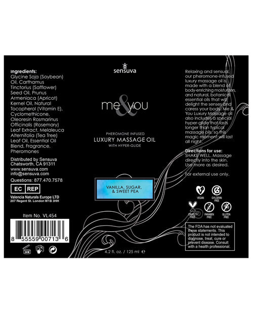 Me and You Pheromone Infused Luxury Massage Oil Vanilla Sugar Sweet Pea 4.2oz