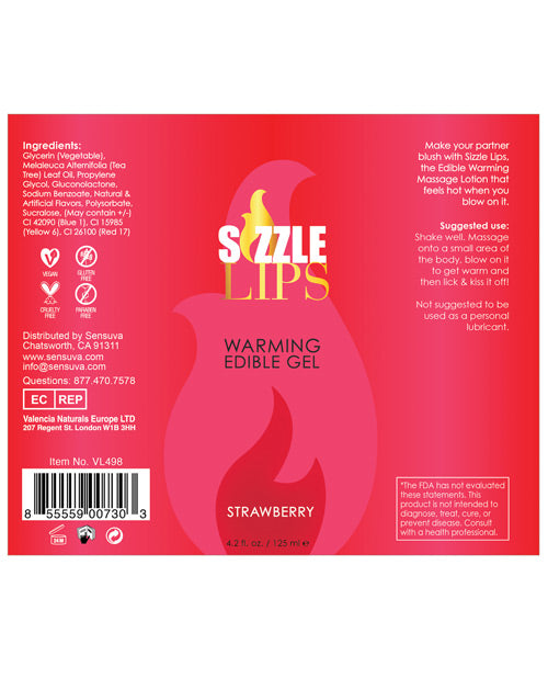 Sizzle Lips Warming Edible Massage Oil Strawberry 4.2oz
