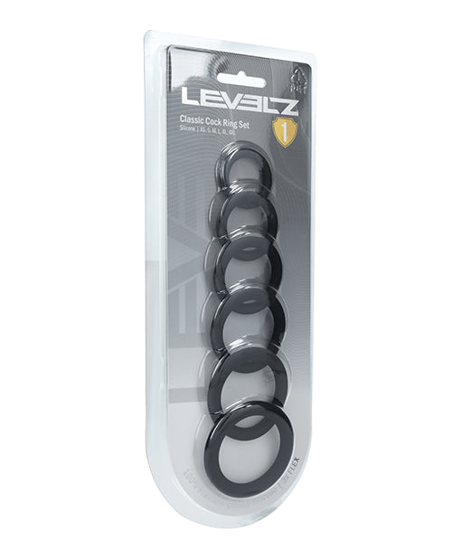 Shots Levelz Classic Silicone Cock Ring Set of 6 All Sizes - Black