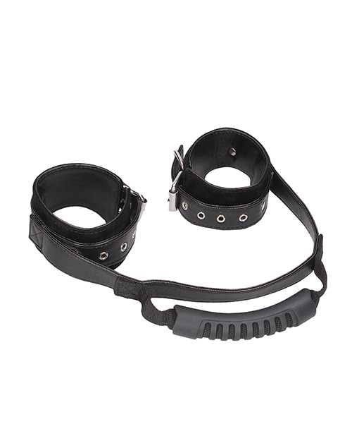 Ouch! Bonded Leather Hand Cuffs with Handle - Black