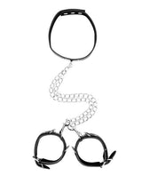 Ouch! Bonded Leather Collar with Hand Cuffs and Leash - Black