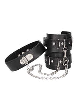 Ouch! Bonded Leather Collar with Hand Cuffs and Leash - Black