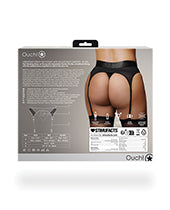 Ouch! Vibrating Strap-On Thong with Adjustable Garters with Rechargeable Bullet - XL/2XL - Black