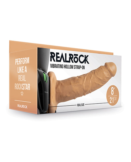 Shots RealRock 8" Vibrating Hollow Strap On W/O Balls - Tan