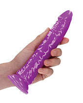 RealRock Slim Glow in the Dark Dildo with Suction Cup 8in - Purple