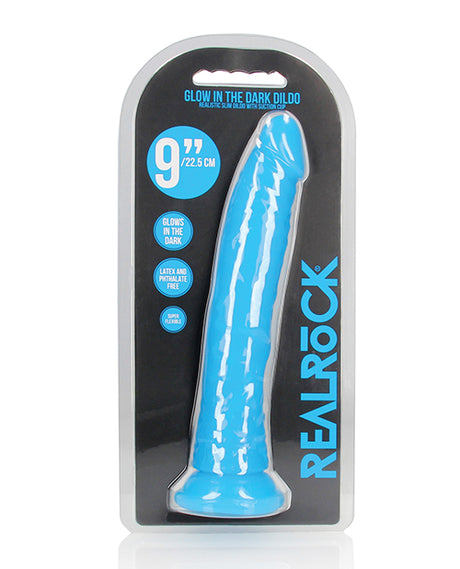 Shots RealRock 9" Slim Dildo Glow in the Dark - Neon Blue