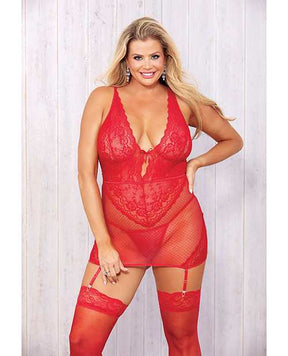 Classy Stretch Lace & Point D'Esprit Mesh Garter Chemise Barbados Cherry 1X