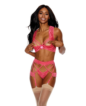 Lace Underwire Peek a Boo Bra, Garterbelt & G-String Coral XL