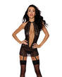 Floral Lace Chemise w/Chain Details, Attached Garters & G-String 2 pc Set - Black XL