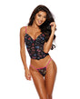 Black Mesh Butterfly Print Bustier w/G-String - Multi-Color XL