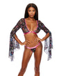 Black Mesh Butterfly Print Flutter Sleeve Top w/Thong 2 pc Set - Multi-Color XL