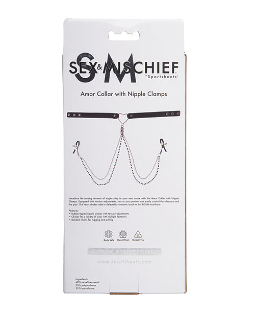 Sex and Mischief Amor Collar with Nipple Clamps - Black/Silver